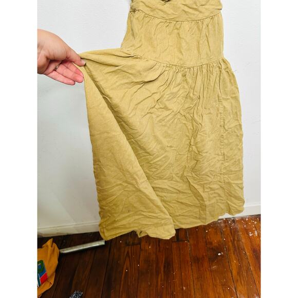 TOCCIN Women's Brown Khaki Square Neck Ruched Bodice Tie Waist Midi Dress Size 8 - Picture 7 of 16